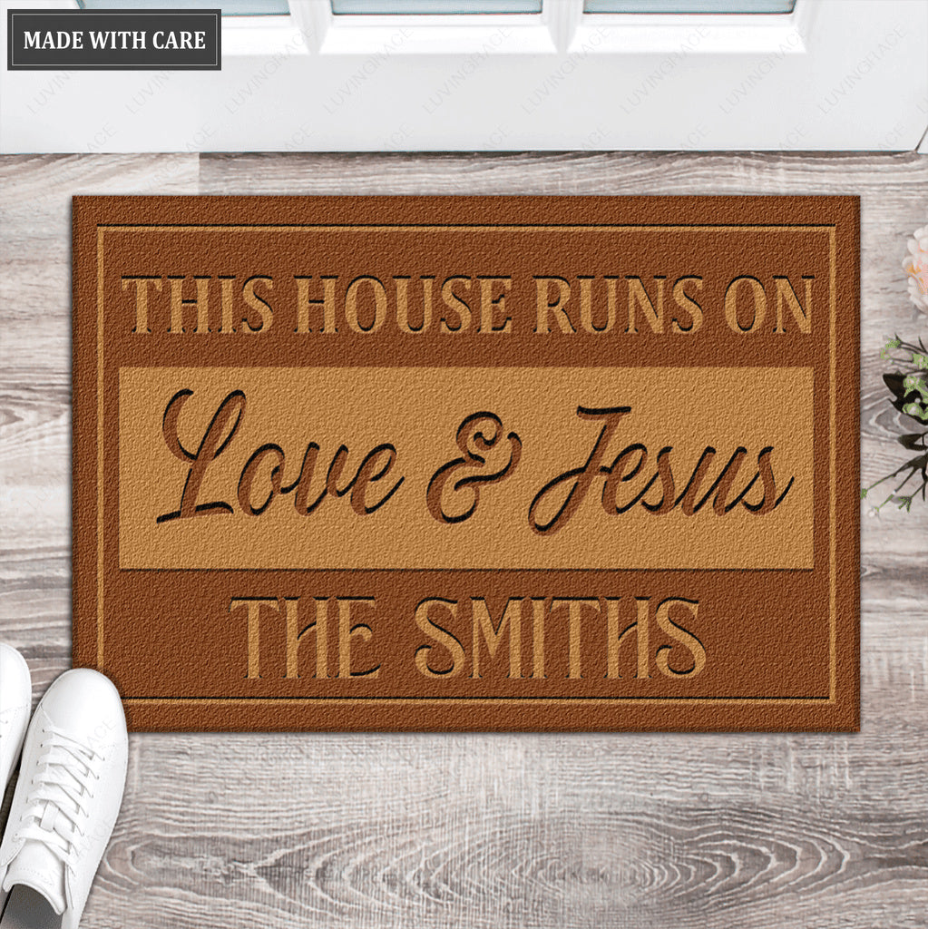 Personalized This House Runs On Love And Jesus Doormat