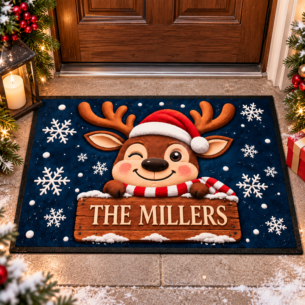 Personalized Family Name Christmas Reindeer Doormat – Cute Holiday Welcome Mat