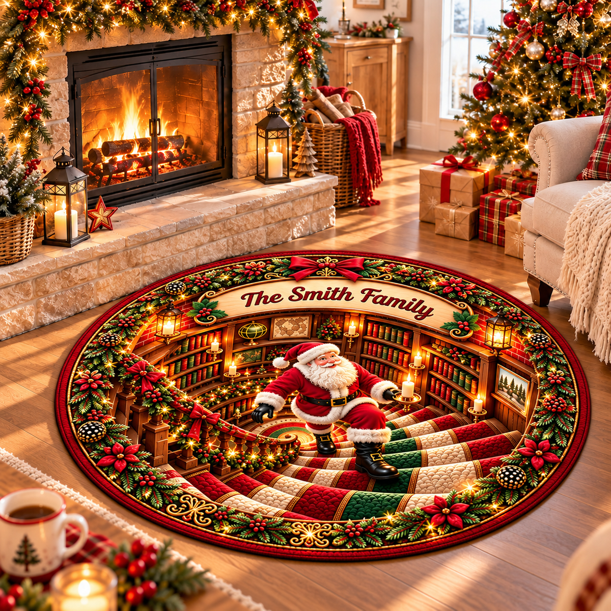 3D Personalized Christmas Santa Staircase Round Rug