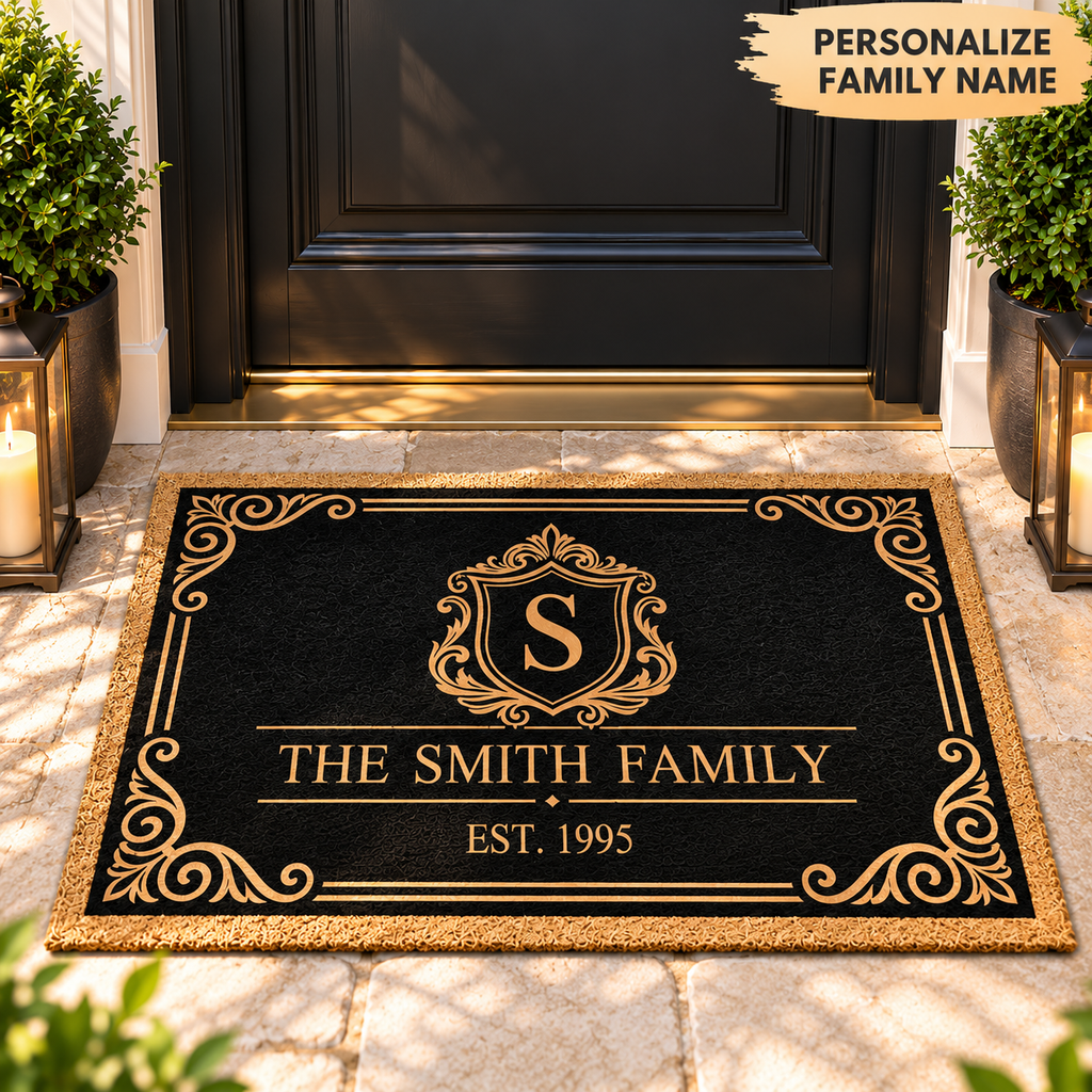 Personalized Family Name Vintage Crest Doormat – Elegant Monogram Welcome Mat