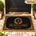 Personalized Family Name Vintage Crest Doormat – Elegant Monogram Welcome Mat