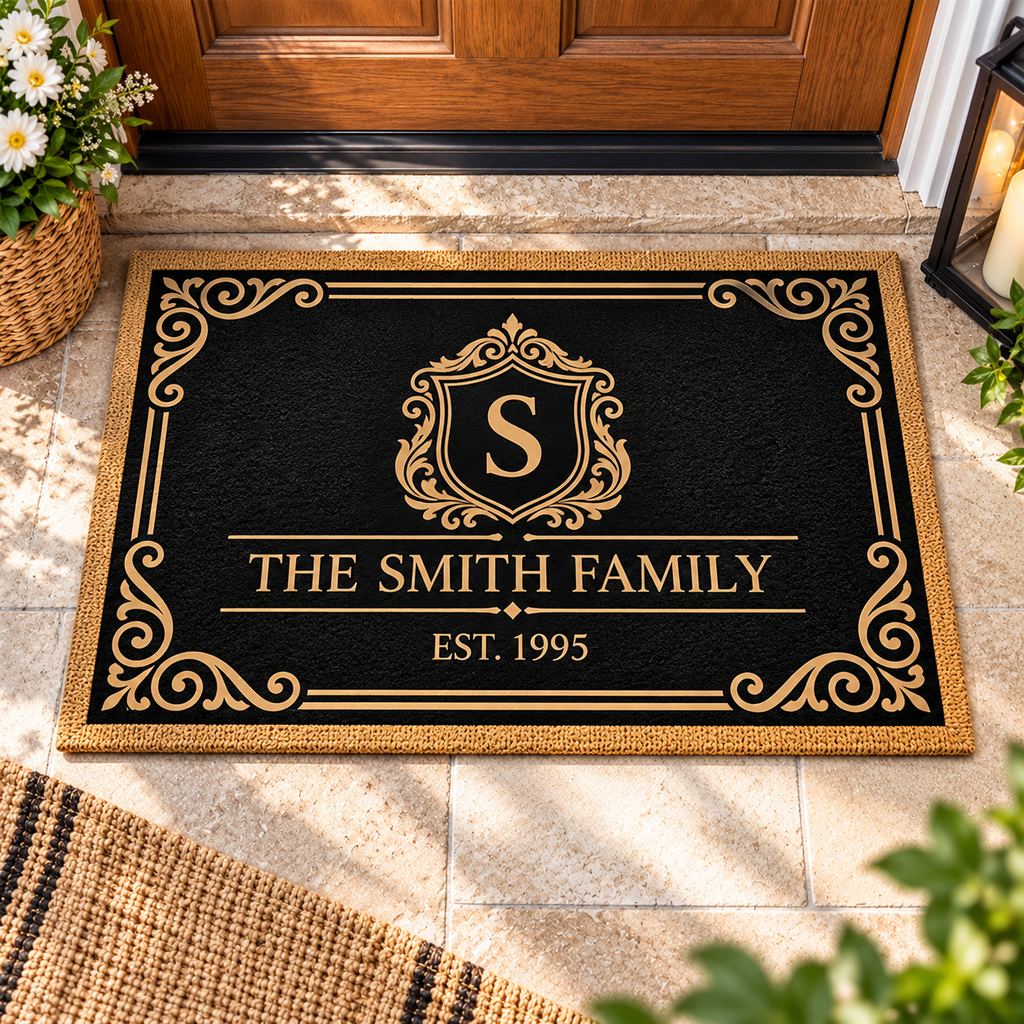 Personalized Family Name Vintage Crest Doormat – Elegant Monogram Welcome Mat