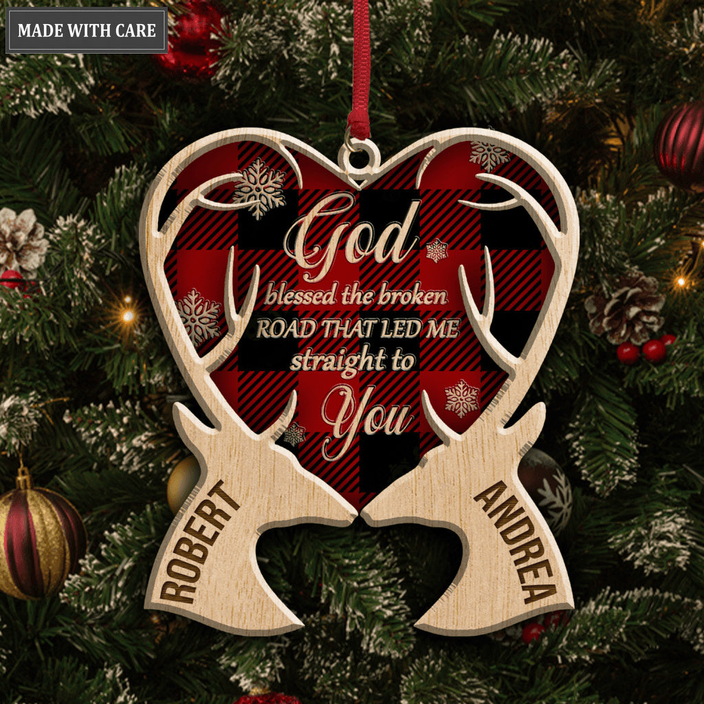 Red Tartan Deer Couple God Blessed Wood Engraved Ornaments