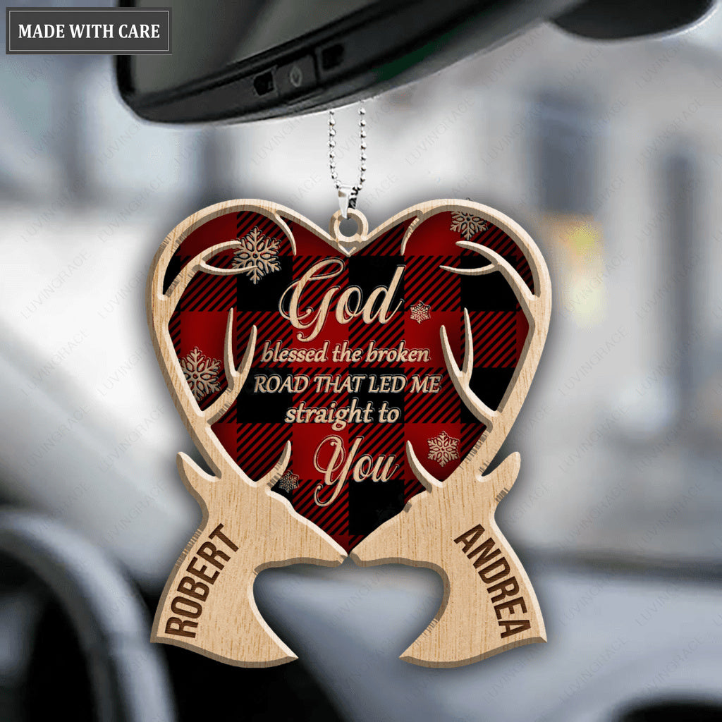 Red Tartan Deer Couple God Blessed Wood Engraved Ornaments