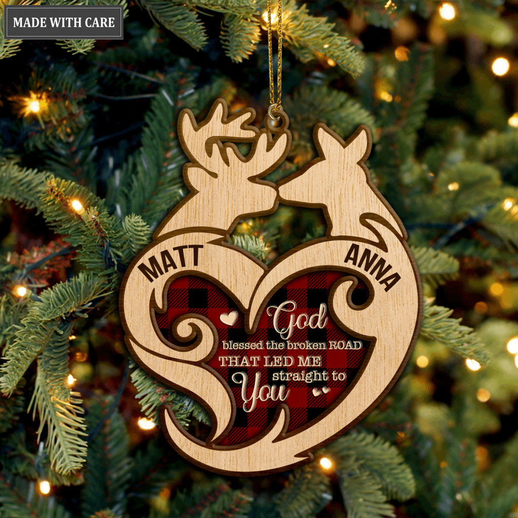 Tartan Buck And Doe God Blessed Personalized Wood Engraved Ornaments