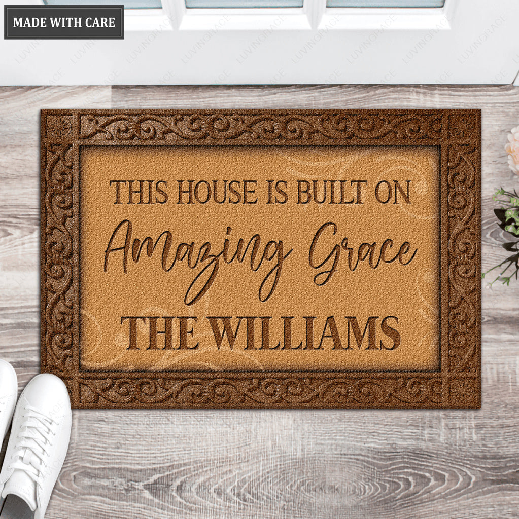 This House Is Built On Amazing Grace Personalized Door Mat