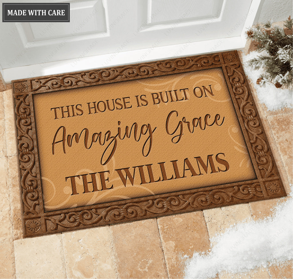 This House Is Built On Amazing Grace Personalized Door Mat