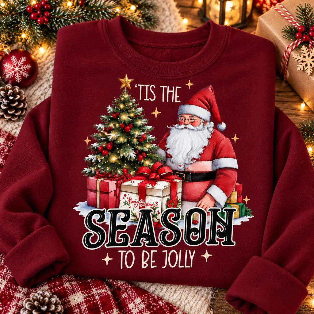 Christmas Santa Graphic Sweatshirt for Women, Christmas Tree and Presents Crewneck Pullover, Festive Holiday Winter Top, Cozy Christmas Party Outfit, Seasonal Gift