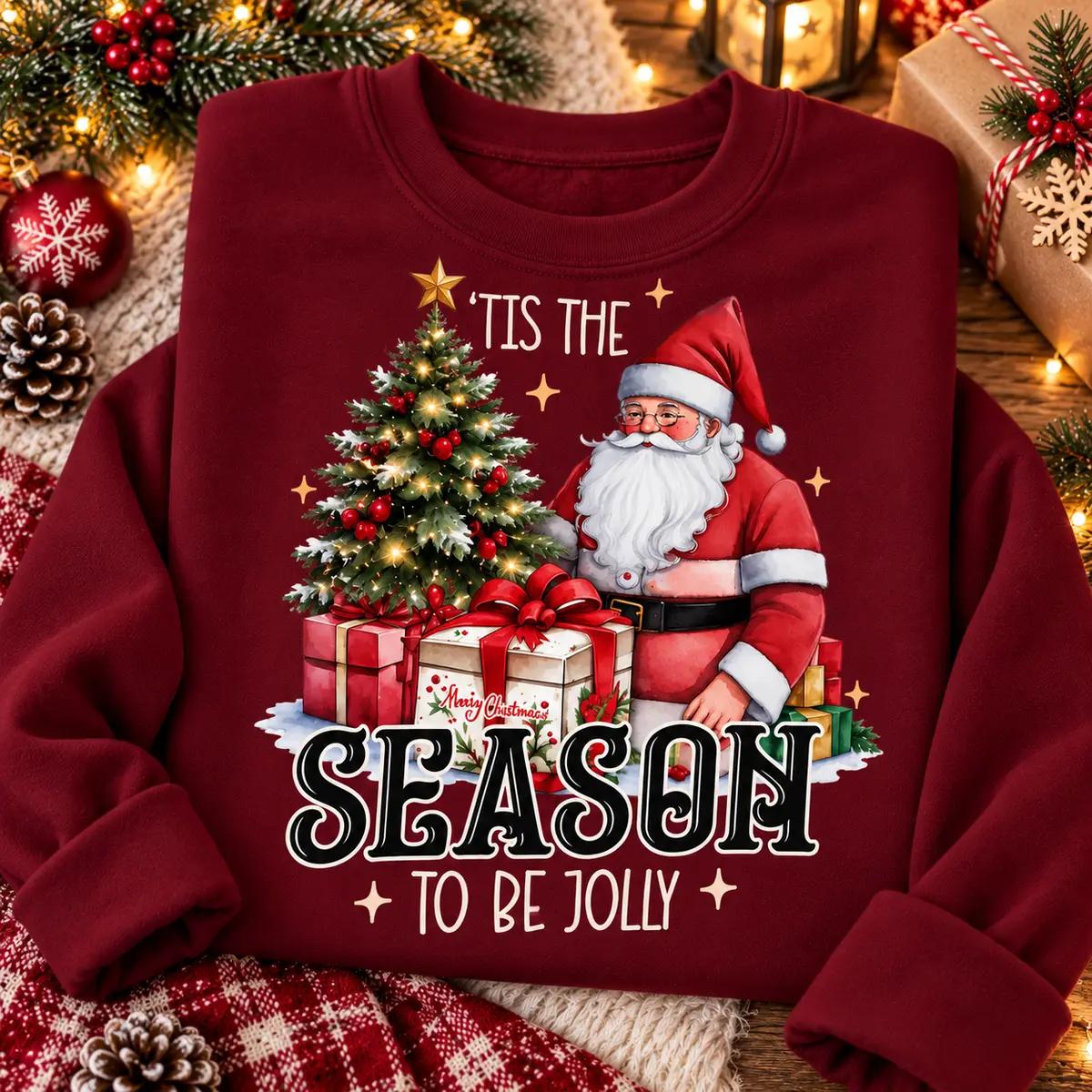 Christmas Santa Graphic Sweatshirt for Women, Christmas Tree and Presents Crewneck Pullover, Festive Holiday Winter Top, Cozy Christmas Party Outfit, Seasonal Gift