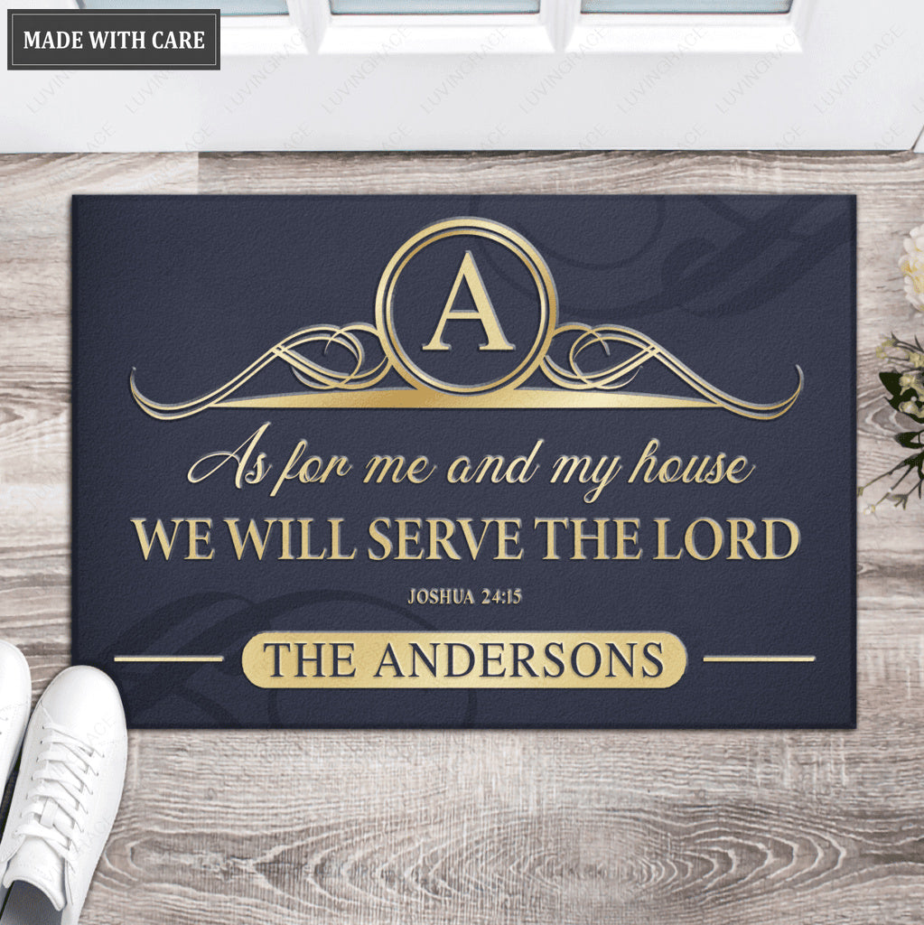 Elegant Navy Ornate Serve The Lord Personalized Doormat