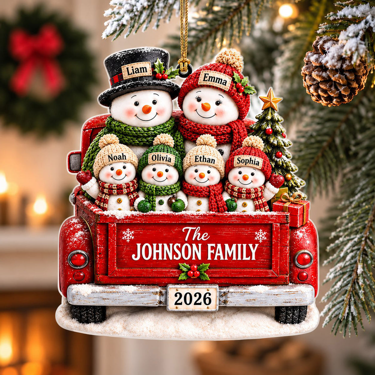 Personalized Snowman Family Christmas Truck 3D Ornament – Custom Names & Family Name Christmas Gift