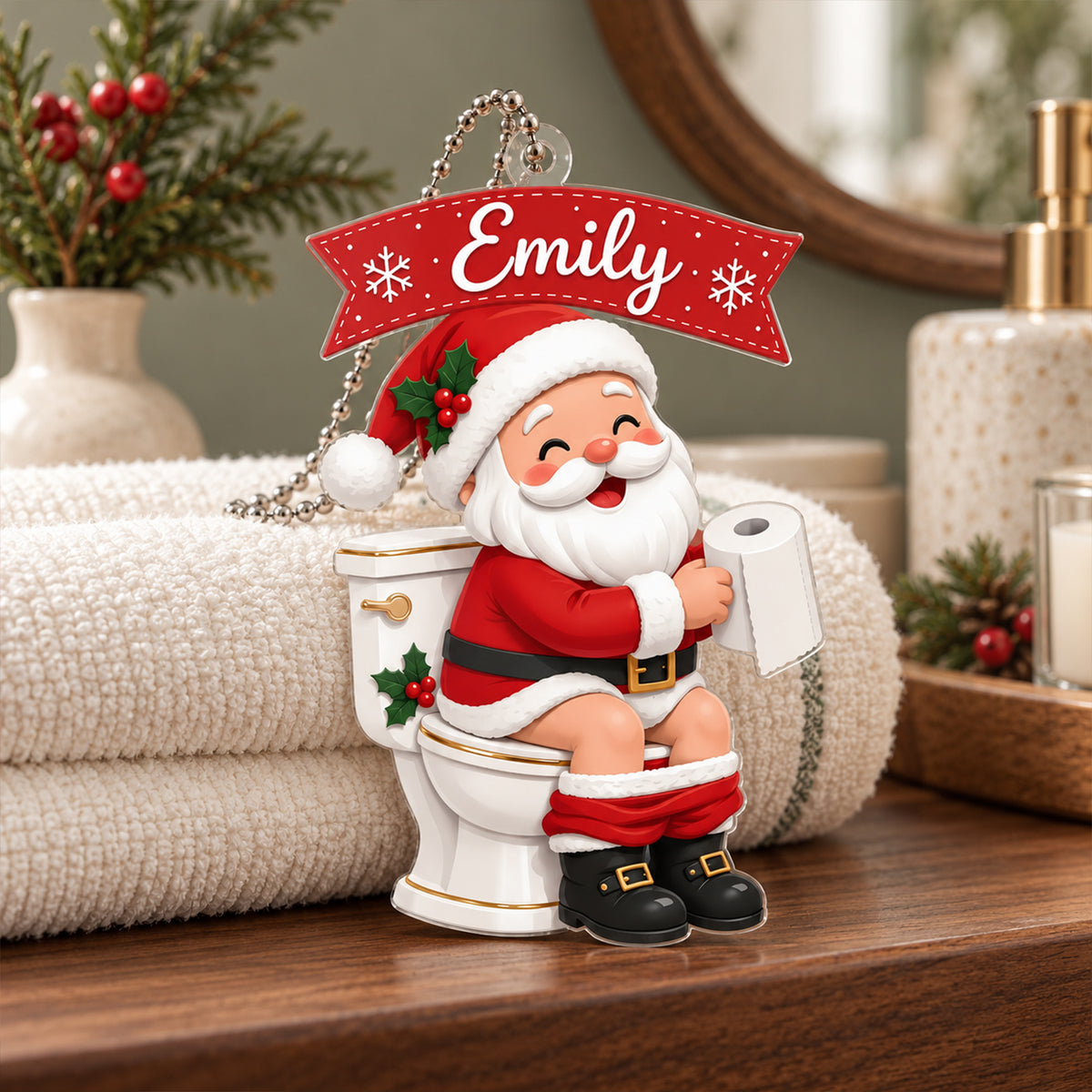 Personalized Funny Santa Claus Ornament – Custom Christmas Bathroom Decor