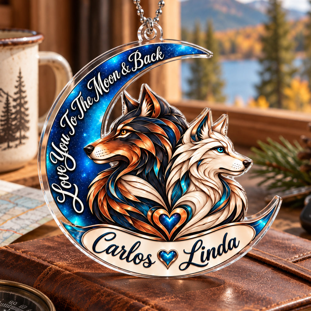 Personalized Names Love You to the Moon & Back Wolf Couple Ornament – Anniversary Gift