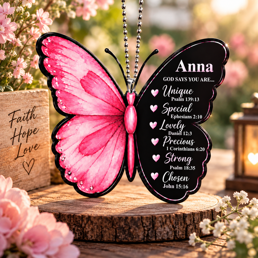 Personalized Name Black Pink Butterfly Ornament  - God Says You Are Car Ornament Gift for Her, Christian Gift for Jesus Lovers