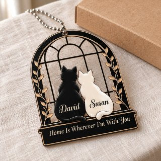 Personalized Names Home Is Wherever I'm With You Black and White Cat Couple Car Ornament