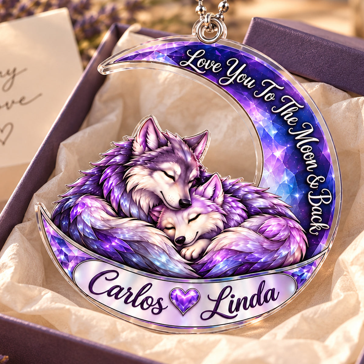 Personalized Names Love You to the Moon & Back Purple Crystal Wolf Couple Ornament – Anniversary Gift