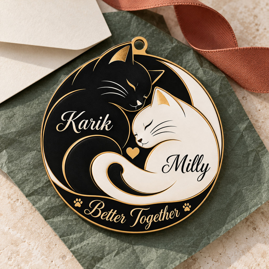 Personalized Names Yin Yang Cat Couple Ornament – Anniversary Gift for Him & Her