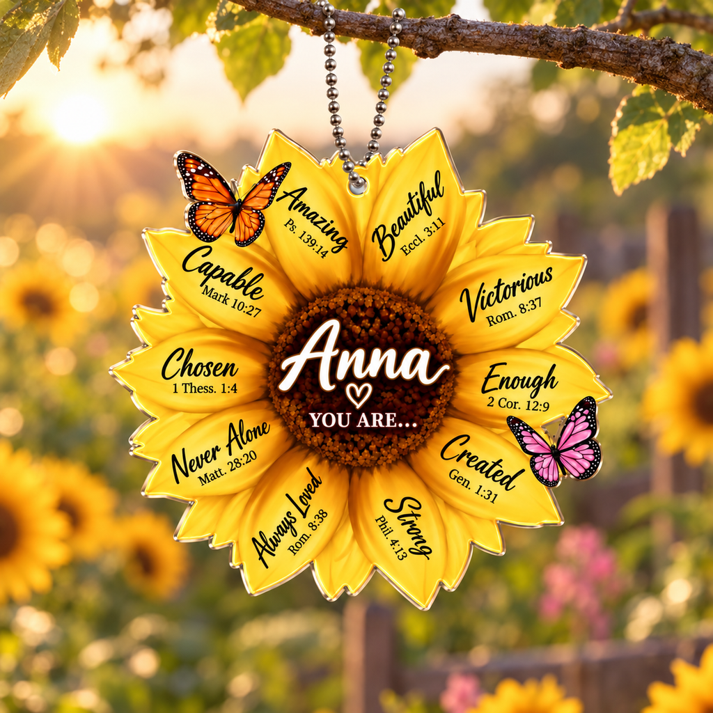 Personalized Sunflower Christian Ornament - Custom Name You Are Strong Sunflower Car Ornament -Inspirational Gift for Her