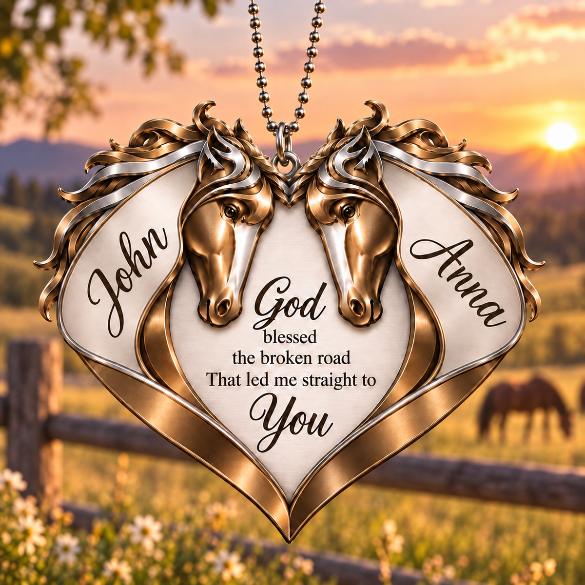 Couple Horse Heart God Blessed Personalized Ornament - Custom Names Horse Couple Heart Car Ornament Gift for Couples, Anniversary Gifts for Husband & Wife