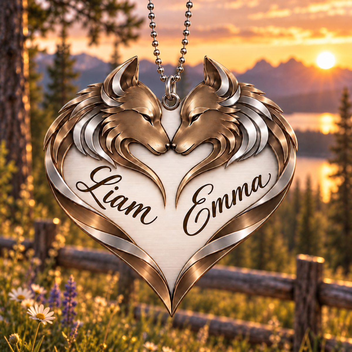 Couple Wolf Heart Personalized Ornament - Custom Names Wolf Couple Heart Car Ornament Gift for Couples, Anniversary Gifts for Husband & Wife