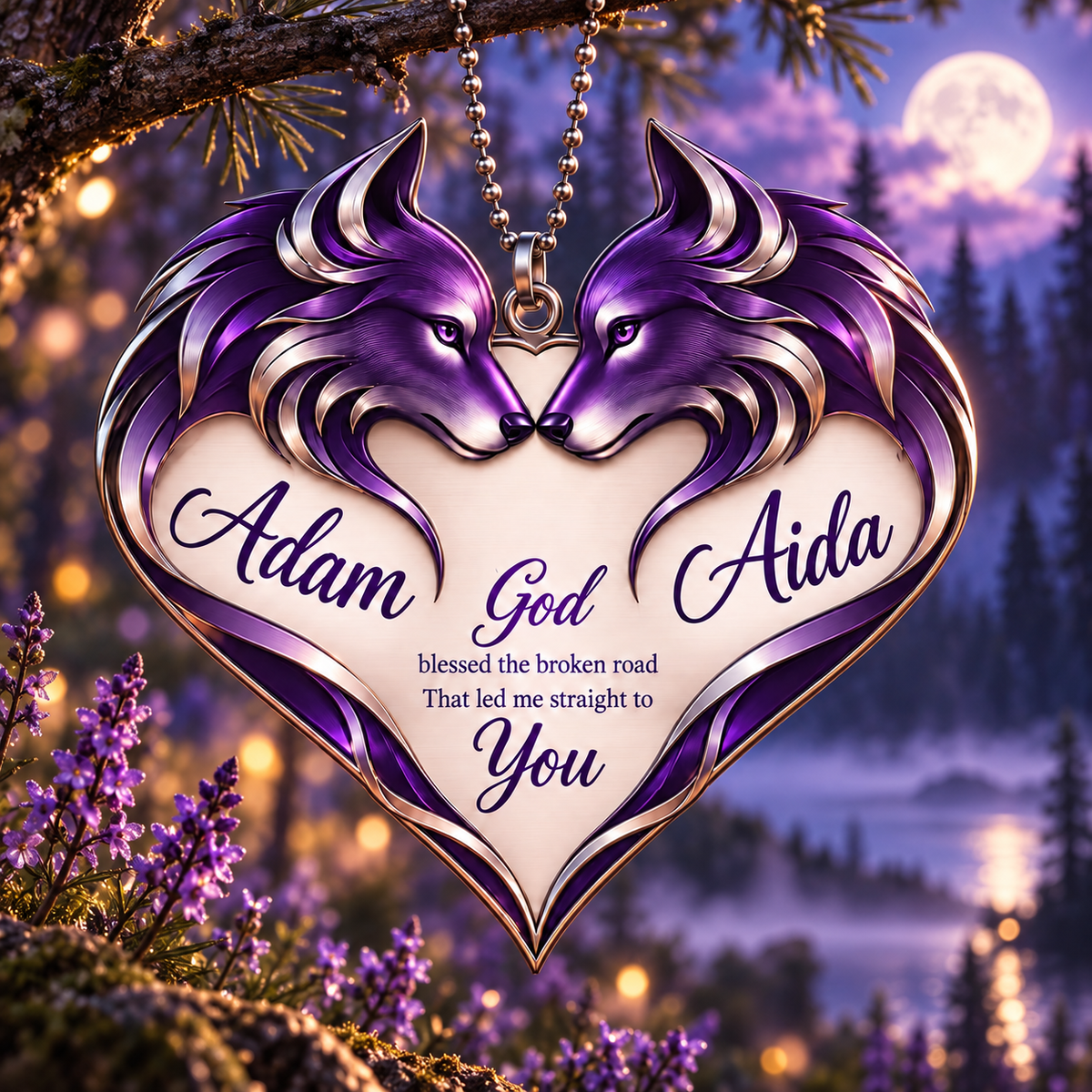 Couple Wolf Heart Personalized Ornament - Custom Names God Blessed Heart Wolf Couple Car Ornament Gift for Couples, Anniversary Gifts for Husband & Wife
