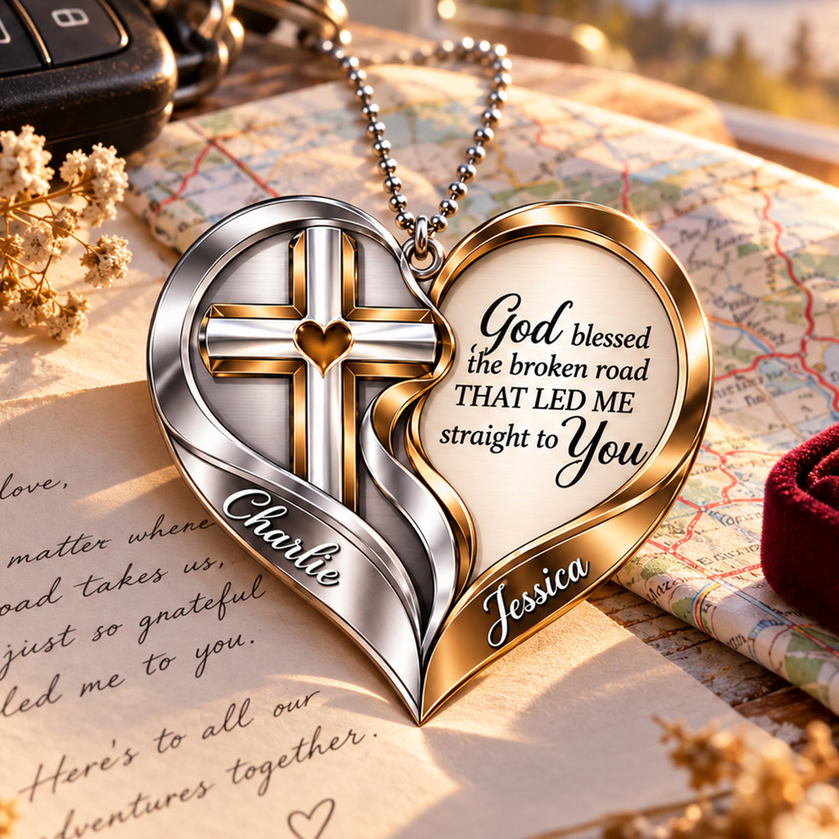 Personalized Names Interlocking Cross God Blessed Heart Ornament – Anniversary Gift for Him & Her