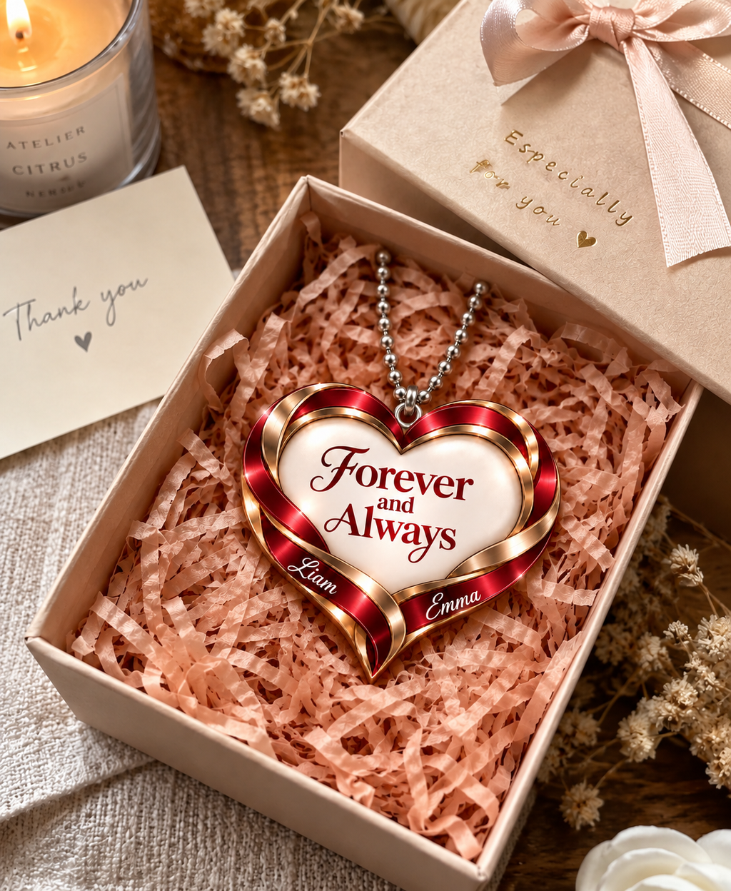 Personalized Romantic Heart Ornament – Custom Names Forever And Always Car Ornament - Anniversary Gift for Couples, Gift for Wedding