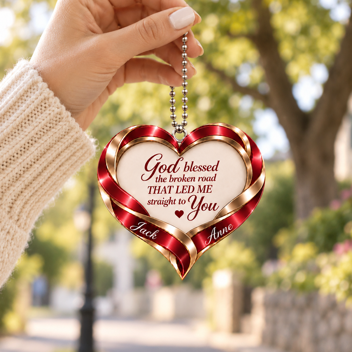 Personalized Romantic Christian Heart Ornament – Custom Names God Blessed Heart Car Ornament - Anniversary Gift for Couples, Gift for Wedding