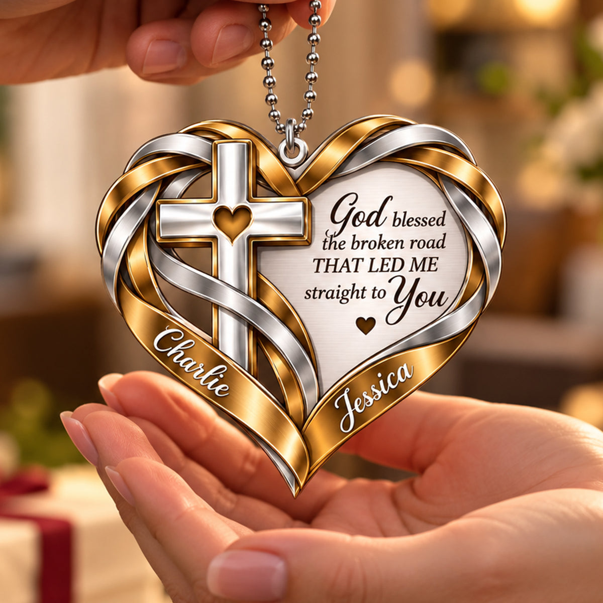 Personalized Names Interwoven Ribbon Heart God Blessed Ornament – Christian Gift for Couples