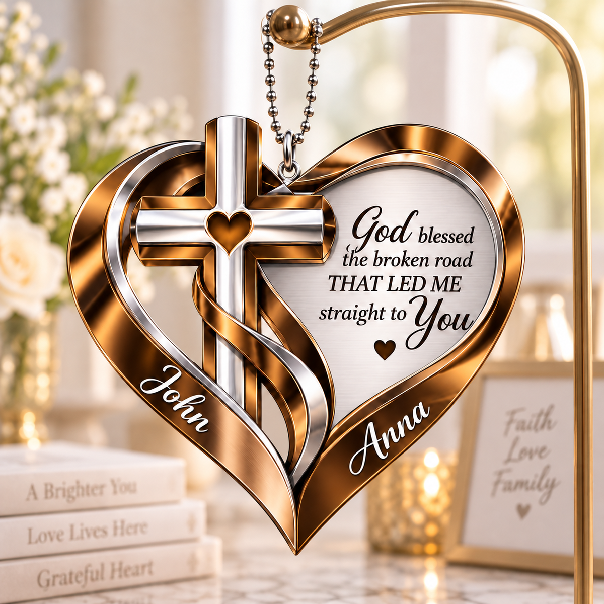 Personalized Memorial Cross Heart Ornament – God Blessed the Broken Road Car Ornament - Ideal Gift for Couples, Gift for Jesus Lovers