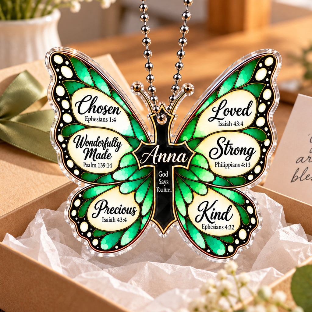Personalized Name God Says You Are Green Butterfly Ornament - Gift for Her, Gift for Jesus Lovers