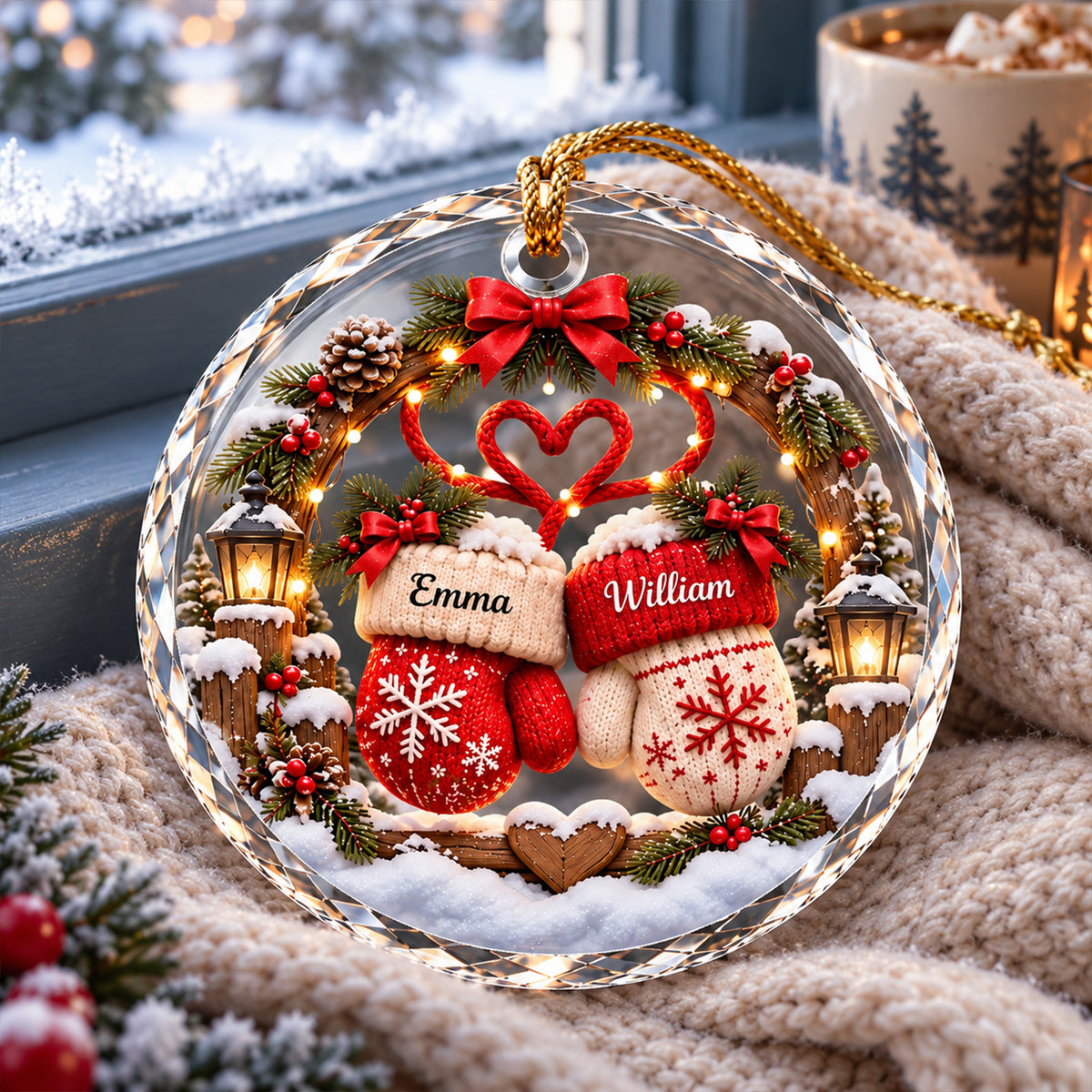Personalized Christmas Mittens Couple Ornament – Custom Names Romantic Gift