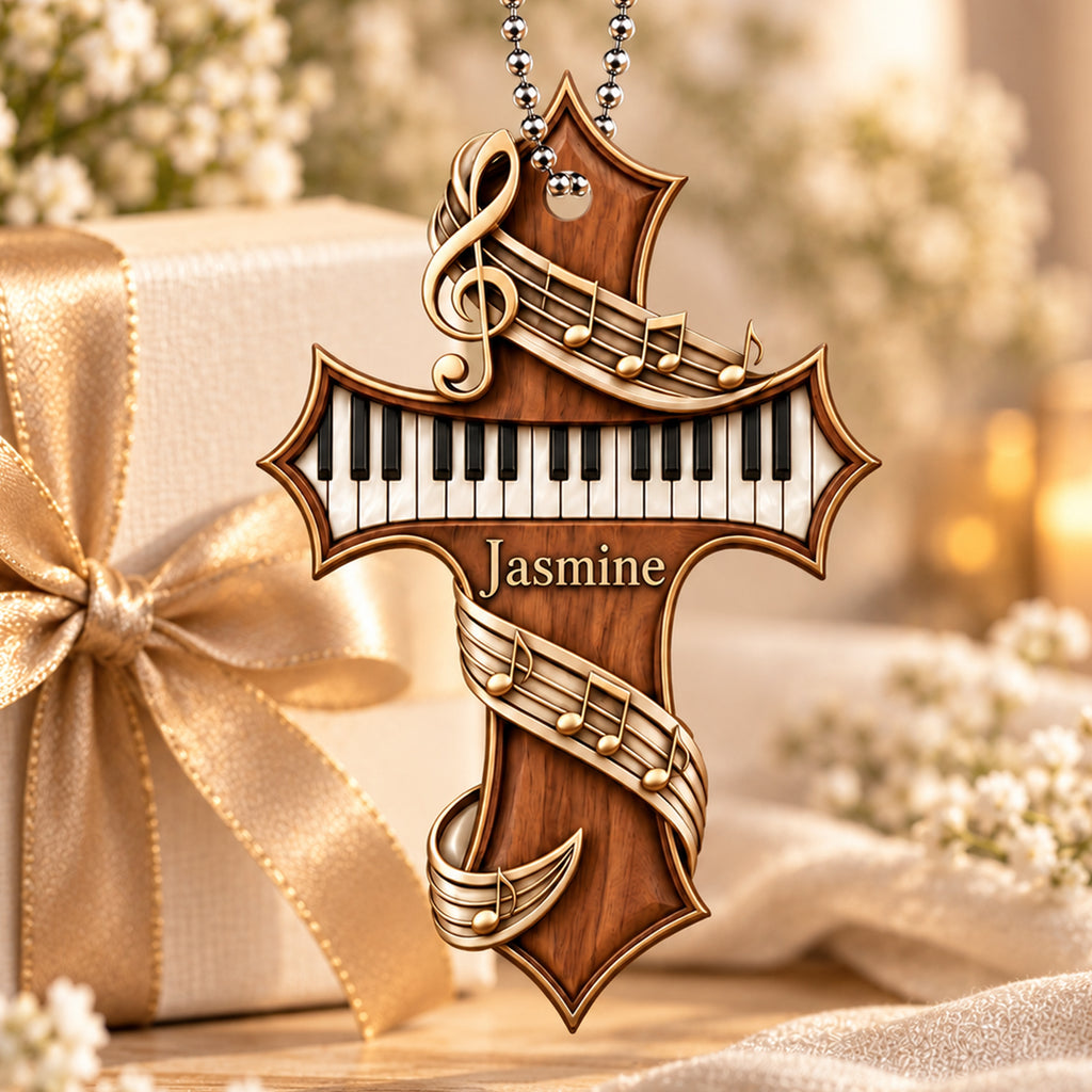 Personalized Name Piano Cross Car Ornament - Gift for Music Lovers, Artist Faith Keepsake