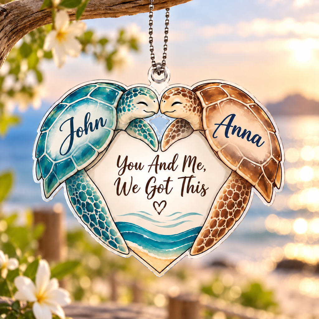Personalized Sea Turtle Car Ornament - Custom Names Ocean Beach Couple Keepsake - Ideal Anniversary Gift for Couples
