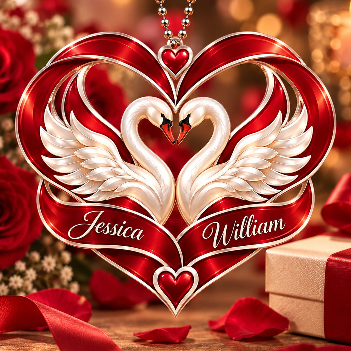 Personalized Names Swan Couple Heart Car Ornament – Anniversary Keepsake