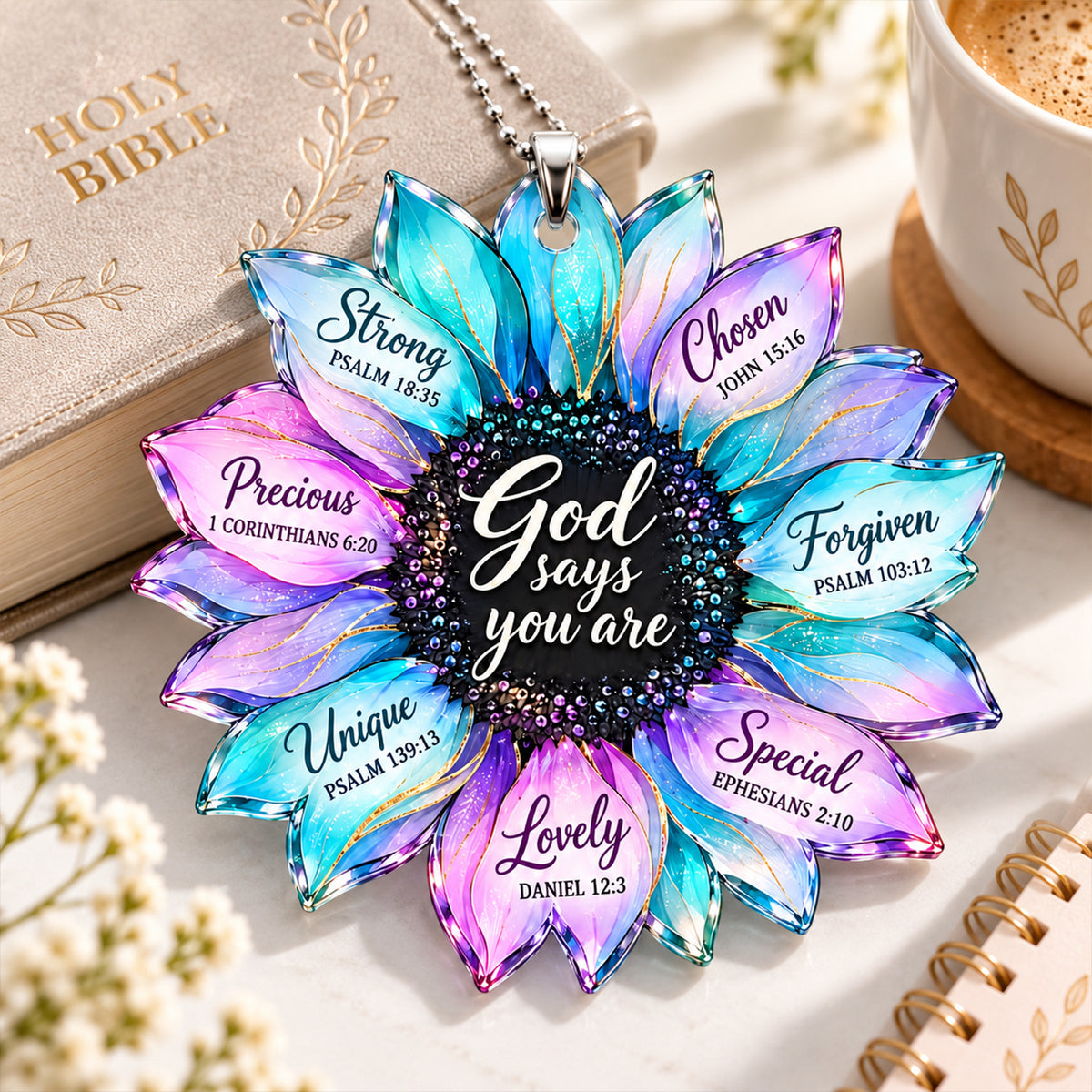 God Says You Are Loved Hologram Sunflower Car Ornament - Inspirational Christian Gift