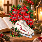 Personalized Name Faith & Poinsettia Ice Skates Christmas Ornament - Inspirational Keepsake