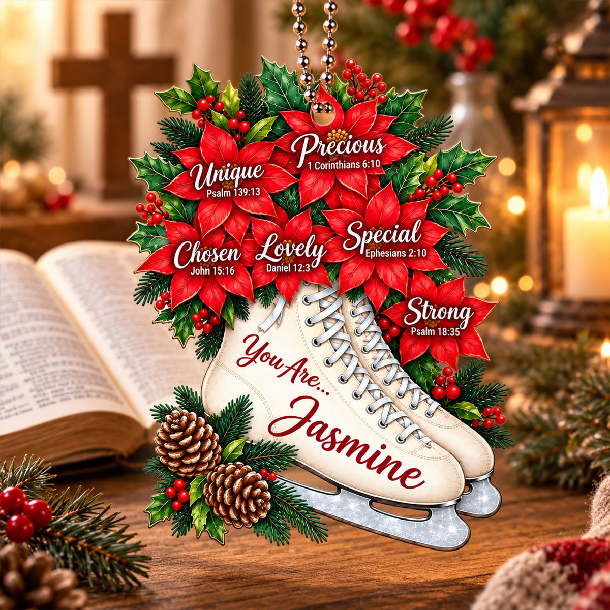 Personalized Name Faith & Poinsettia Ice Skates Christmas Ornament - Inspirational Keepsake