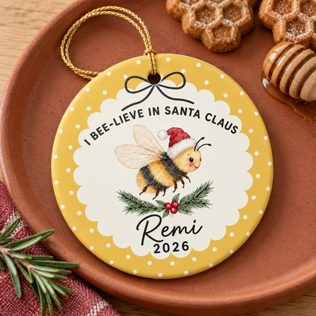 Personalized Name I Bee-lieve in Santa Claus Christmas Ornament