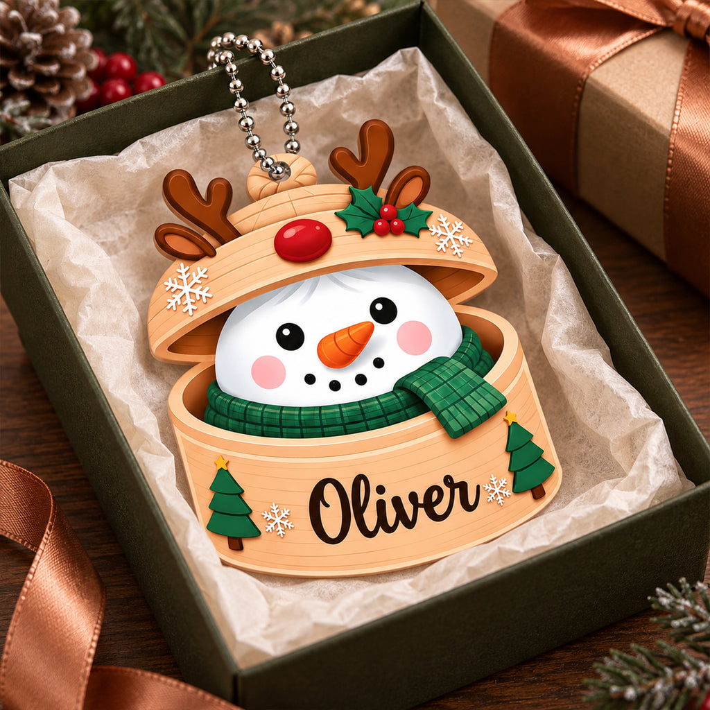 Personalized Name Snowman in Reindeer Hat Ornament – Custom Christmas Keepsake