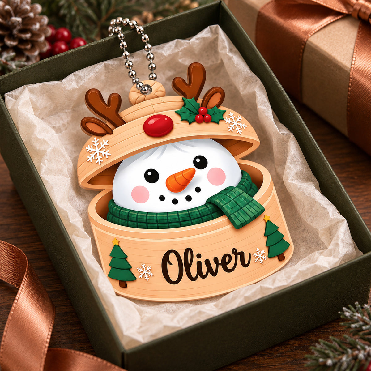 Personalized Name Snowman in Reindeer Hat Ornament – Custom Christmas Keepsake