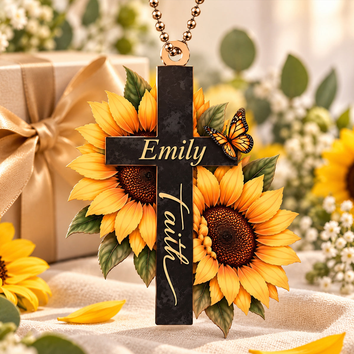 Personalized Name Faith Cross Ornament – Christian Sunflower Keepsake
