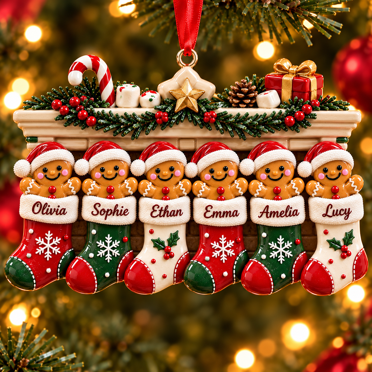 Personalized Gingerbread Christmas Stocking Ornament – Custom Names, Christmas Gift