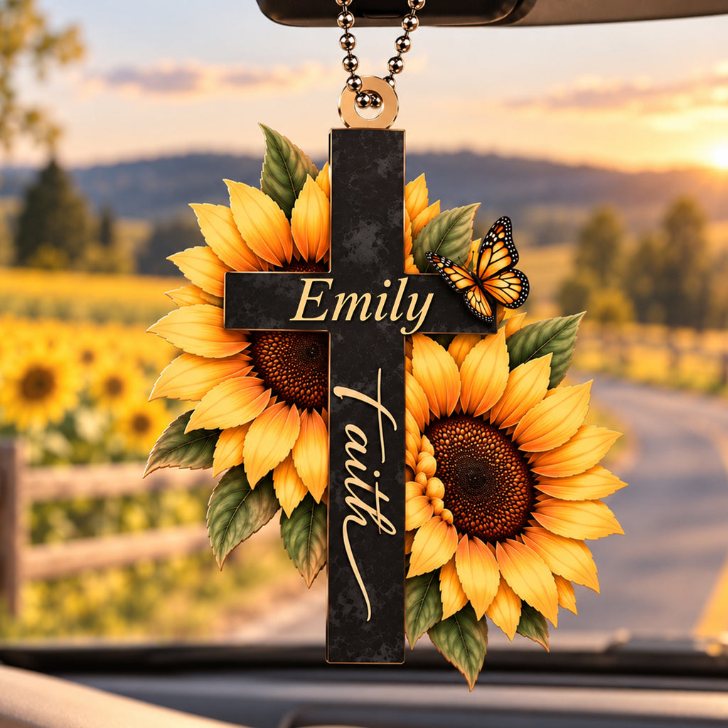 Personalized Name Faith Cross Ornament – Christian Sunflower Keepsake
