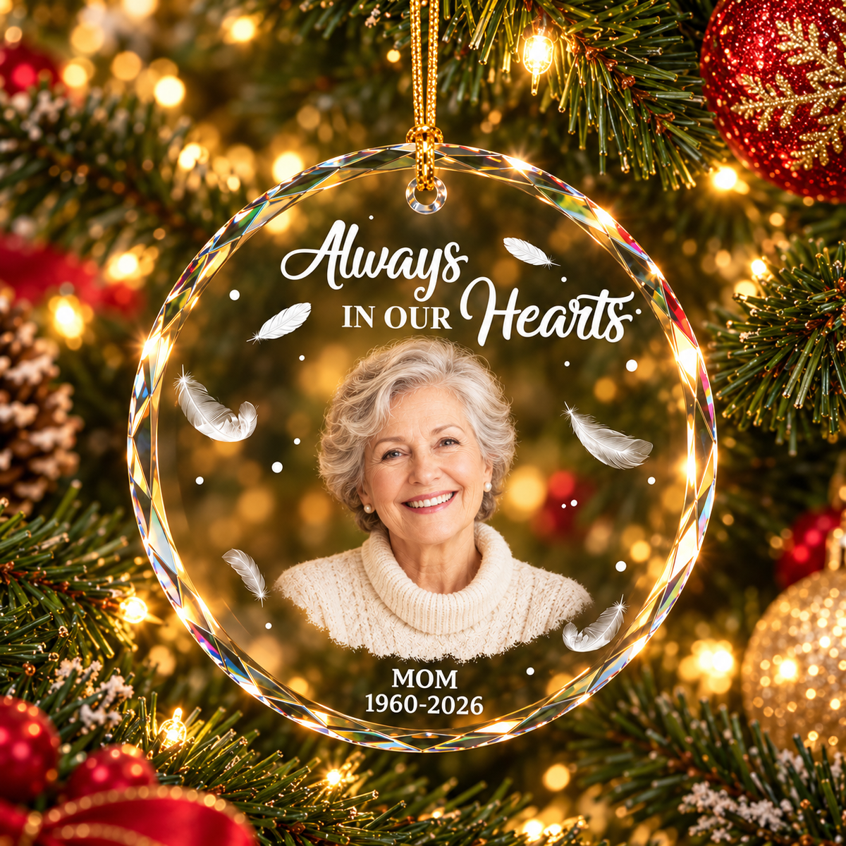 Personalized Always in Our Hearts Memorial Glass Ornament – Custom Photo & Name Remembrance Gift