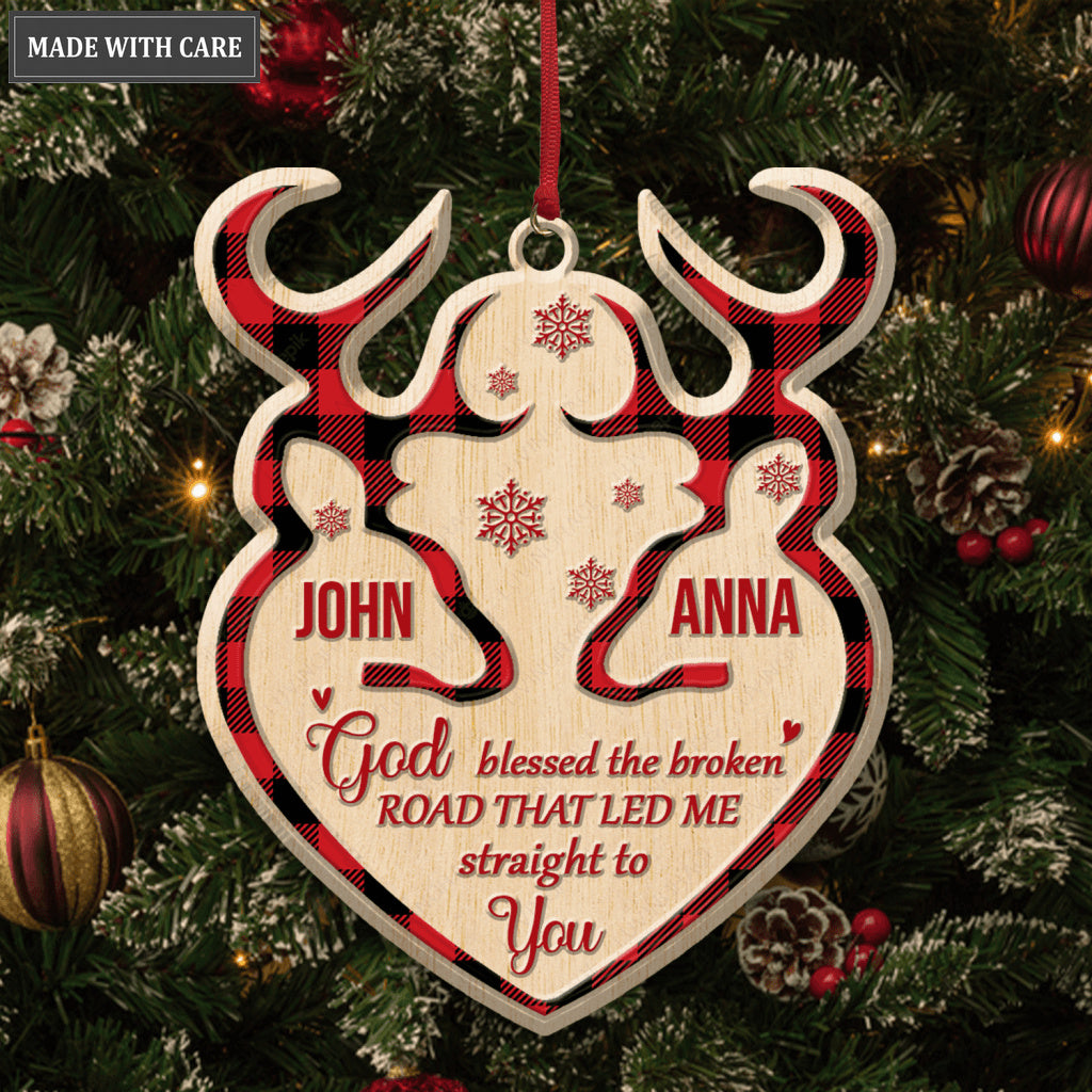 Tartan Buck And Doe God Blessed Personalized Wood Engraved Ornaments