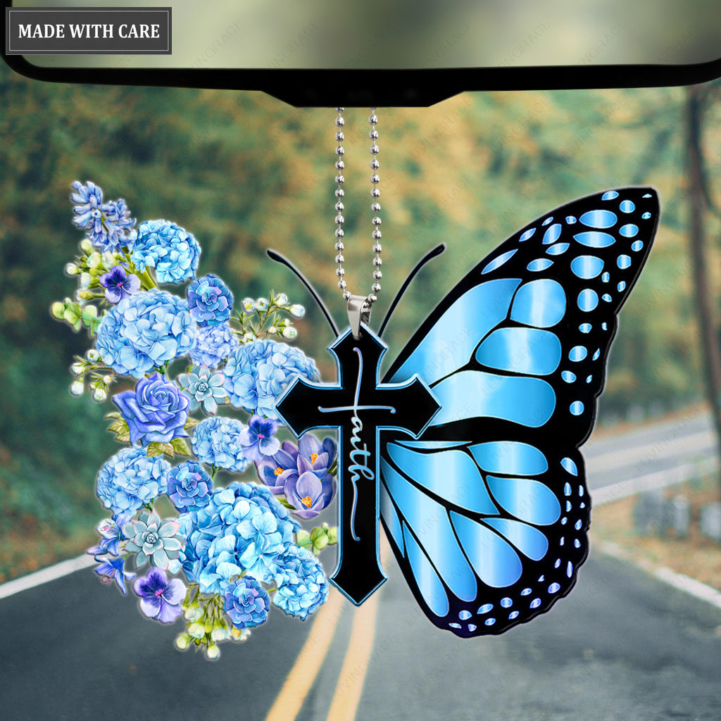 Hydrangea Butterfly Faith Cross Ornament