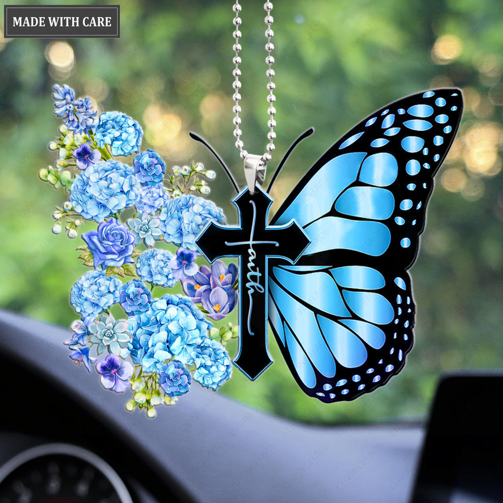 Hydrangea Butterfly Faith Cross Ornament