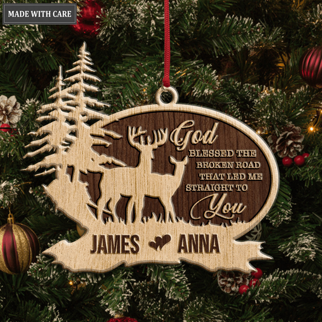 Deer Couple In Forest God Blessed Personalized Wood Engraved Ornaments