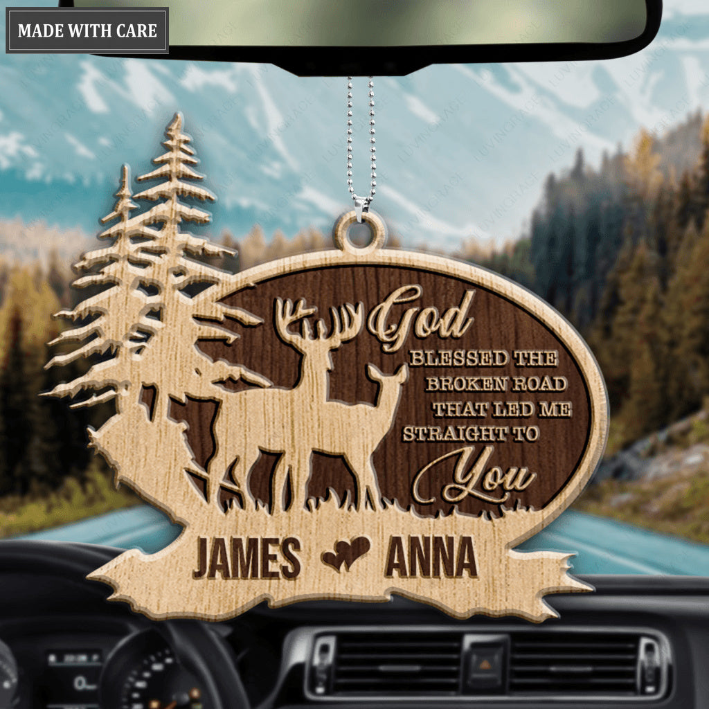 Deer Couple In Forest God Blessed Personalized Wood Engraved Ornaments
